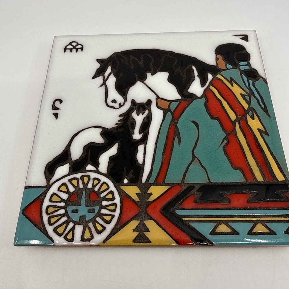 Vtg Southwestern Style Tile Art Trivet 6"x6" Christine Fitzgerald Horses Native